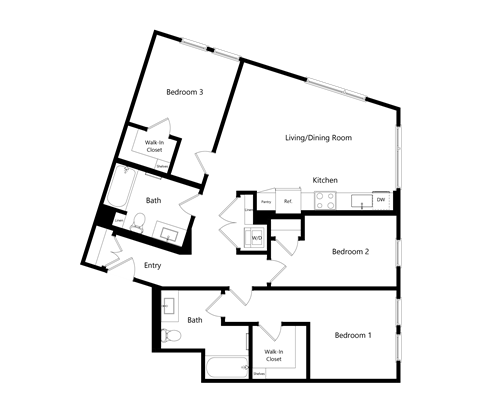 Floor plan for 3 beds, 2 baths, 1146 sqft